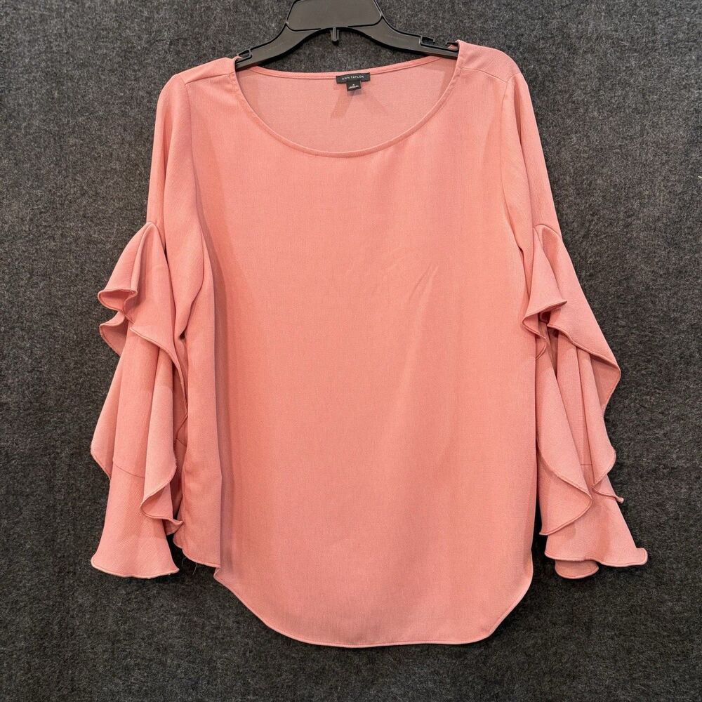 Ann Taylor Coral Pink Ruffle Cuff Top Women's Medium 3/4 Bell Sleeve M